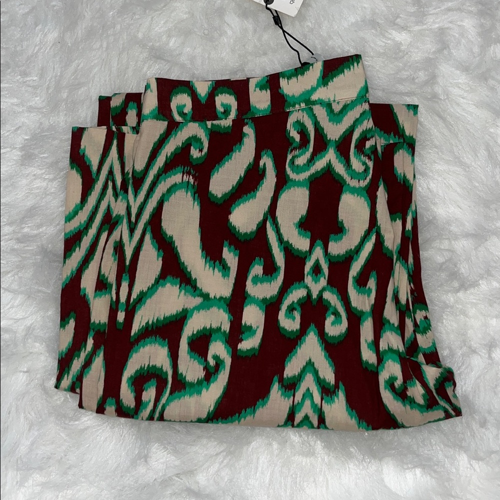 ZARA Boho Printed Pants Size Small – Wide Leg Ikat Pattern Green Brown